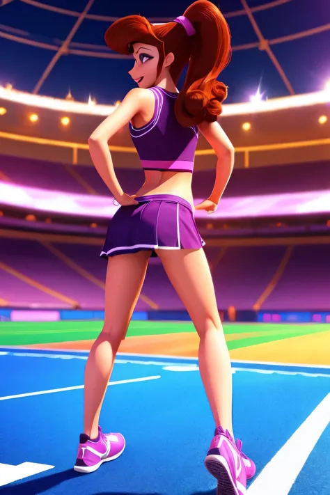 brunette Megara wearing casual cheerleader clothes, on marathon stadium background, cheerfull expression, disney animation style, best quality, digital art, 3D, stepping on camera, camera angle from behind