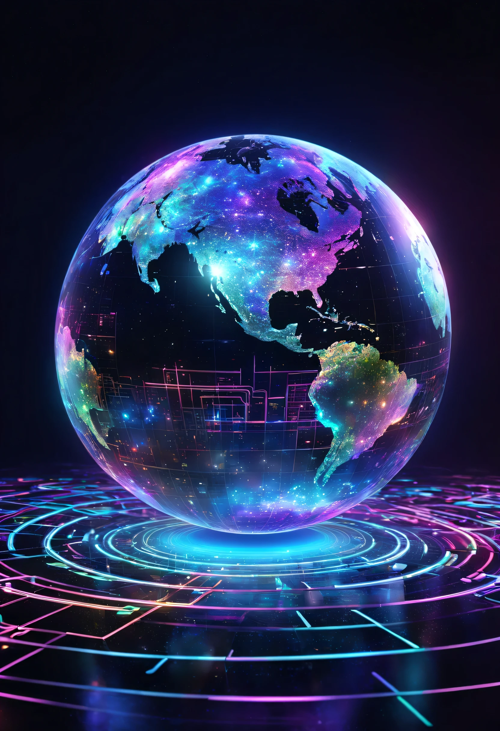 holography,draw in neon colors((Earth)):sphere:((floating)),transparent,Three-dimensional,light,SF,Digitalアート,Digital,scientific,dark background:electronic circuitry:draw in neon colors,3D,masterpiece,Digital空間,energy,beautiful,最高masterpiece,8K,科学のlight,be familiar with,Bright colors,colorful,nice,beautiful,rich colors,beautifullightのライン.magic effect,Sparkling,beautifullightの粒