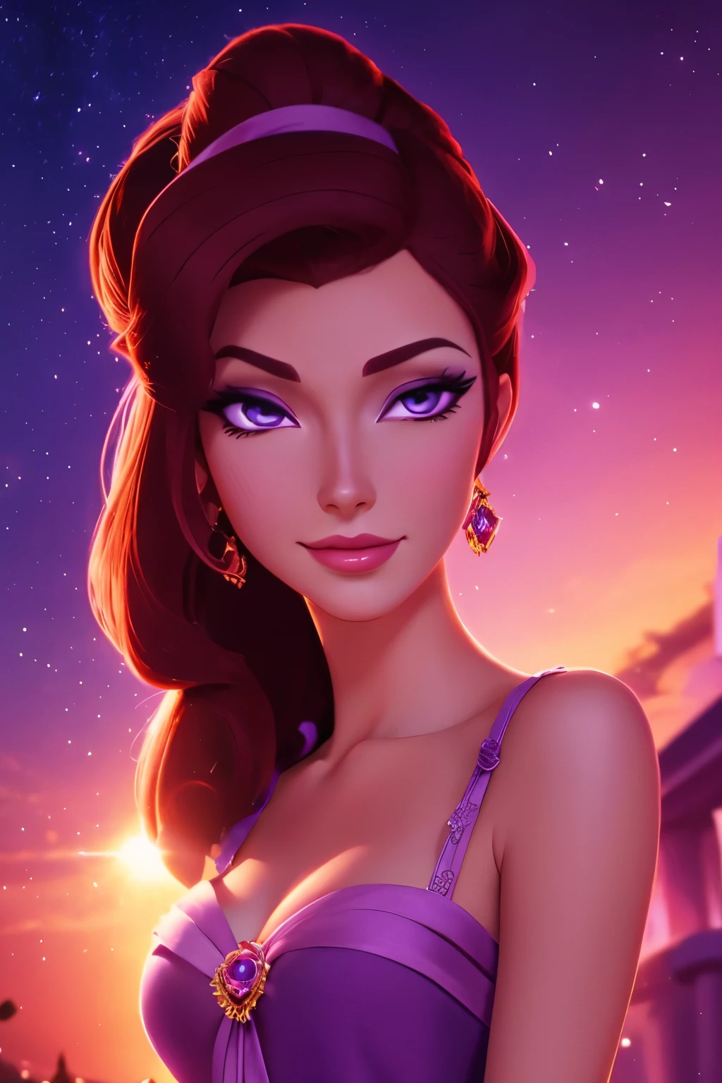 身穿紫色希腊连衣裙的黑发美女 Megara, 面部聚焦, 美丽的肖像, 细致的面部表情, 最好的质量, 官方艺术, 夜晚灯光背景浪漫, 闪亮的眼睛, 迪士尼动画风格, 最好的质量, 数字艺术, 二维