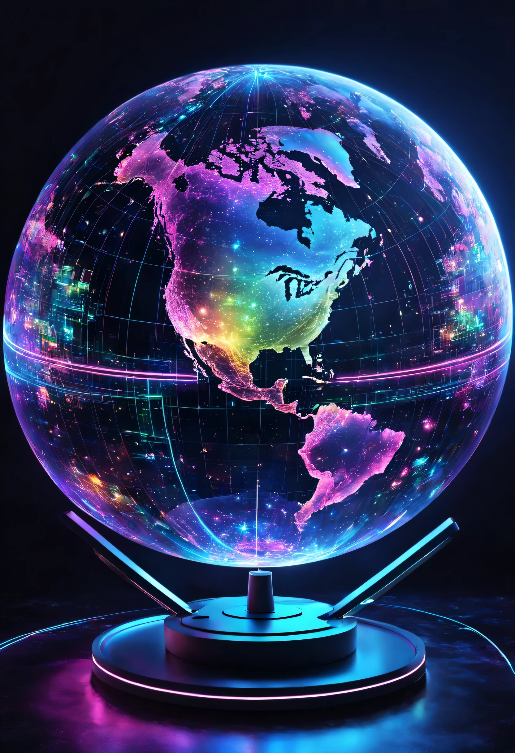 holography,draw in neon colors((Earth)):sphere:((floating)),transparent,Three-dimensional,light,SF,Digitalアート,Digital,scientific,dark background:electronic circuitry:draw in neon colors,3D,masterpiece,Digital空間,energy,beautiful,最高masterpiece,8K,科学のlight,be familiar with,Bright colors,colorful,nice,beautiful,rich colors,beautifullightのライン.magic effect,Sparkling,beautifullightの粒
