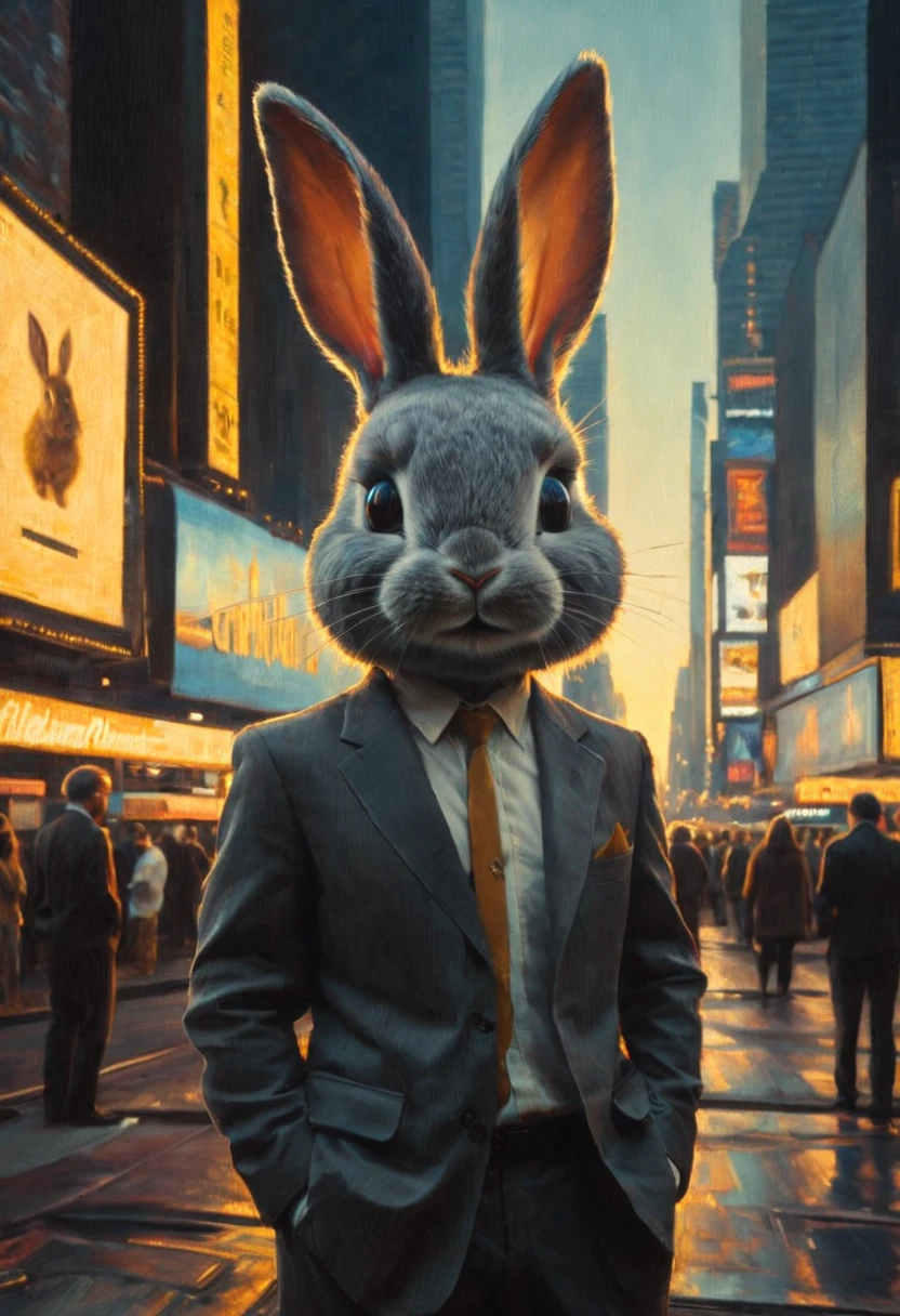 Tracé laser: Petit lapin gris à New York à Times Square se tient debout et sourit. Jeremy Mann et Charles Danny Gibson, Marc Demsteder, Paula Headley + notion artistique. Très beau, gouache, Cinématique, sombre, Effrayant, mystérieux, ancien moderne. Types d&#39;éclairage: Espace colorimétrique. Stabilisation d’image: heure d&#39;or: Tracé laser: Cinéstill 800T. HDR:
