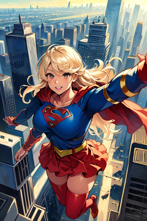 Oga Saki, 1girl, solo, red eyes, blonde hair, long hair, large breasts, dark-skinned female, dark skin, smile, standing, dynamic pose, 8k, masterpiece, best quality, absurdres, perfect anatomy, cinematic lighting, cowboy shot, (supergirl costume:1.1), (flying, flying over city:1.2)