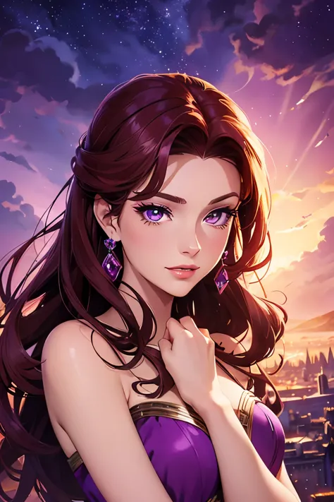 brunette Megara wearing purple greek dress, face focus, beautiful portait, detailed face expression, best quality, official art, on night light background romantice, shinning eyes, disney animation style, best quality, digital art, 2D, sfw,solo,