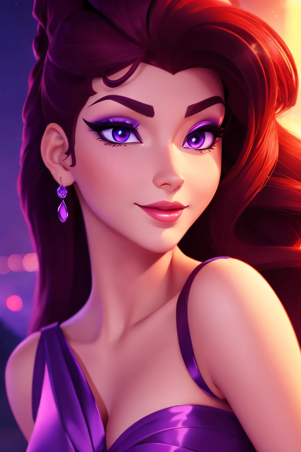 身穿紫色希腊连衣裙的黑发美女 Megara, 面部聚焦, 美丽的肖像, 细致的面部表情, 最好的质量, 官方艺术, 夜晚灯光背景浪漫, 闪亮的眼睛, 迪士尼动画风格, 最好的质量, 数字艺术, 二维