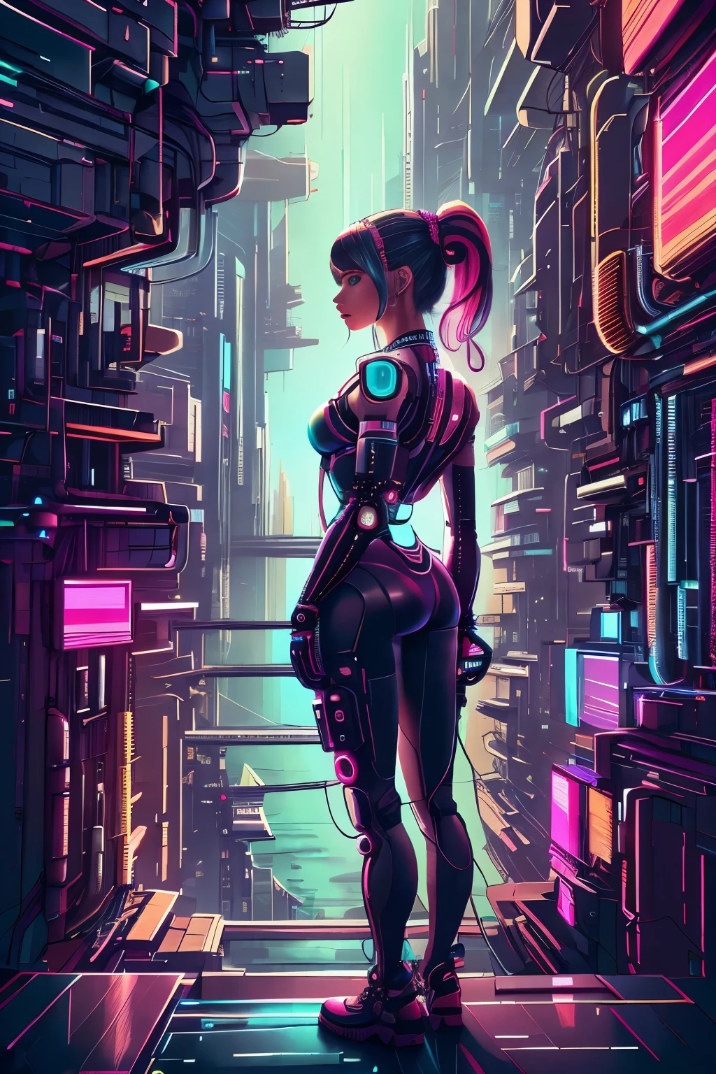 Une belle fille cyborg japonaise, beau corps cyberpunk, seins moyens, belle hanche, Pièces mécaniques, Cheveux mi-longs, complexe et détaillé, néons, vue latérale du dos en regardant le spectateur, sur une terrasse luxueuse, vue d&#39;arrière-plan des bâtiments futuristes de la ville