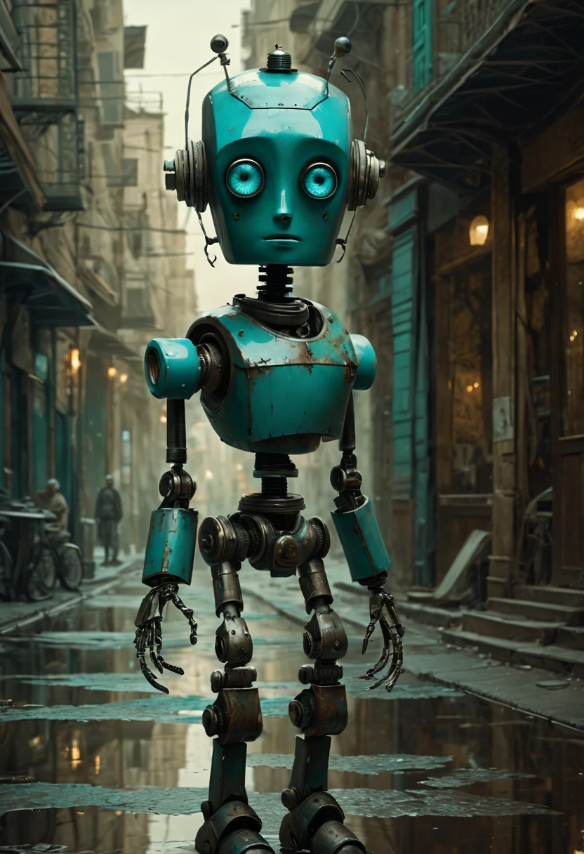 Full length view. Little funny robot, porcelain face and head, big turquoise eyes, perfect eyes, top quality style. Beautiful cinematic impressionistic picture, Dark dramatic character, in the style of Jeremy Mann and Charles Dana Gibson, Mark Demsteder, Paul Hedley.