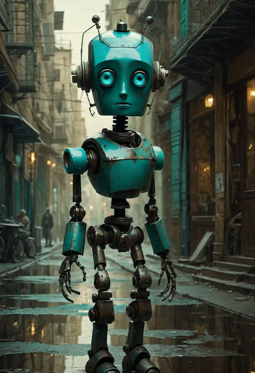 Full length view. Little funny robot, porcelain face and head, big turquoise eyes, perfect eyes, top quality style. Beautiful ci...