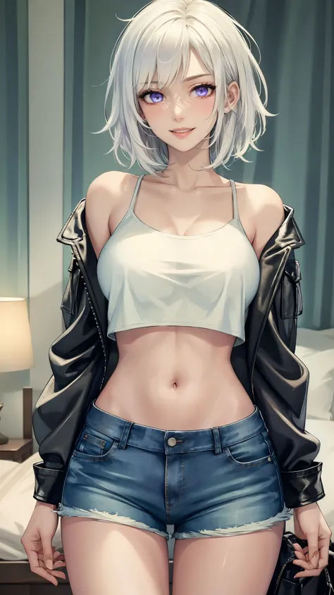 ((((masterpiece, best quality, high resolution)))), (1girl:1.5), ((short silky hair, white hair, purple eyes, sharp eyes)), (big breasts:1.2), (blushing), (cheeky smile, parted lips), glow, thighs, bare shoulders, collarbone, narrow waist, (slender body fi...