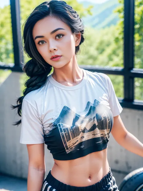 gorgeous cute Austrian girl, (casual crop top), stylish black braided hair, comics printed shirt, oversized gym pants,in backgro...