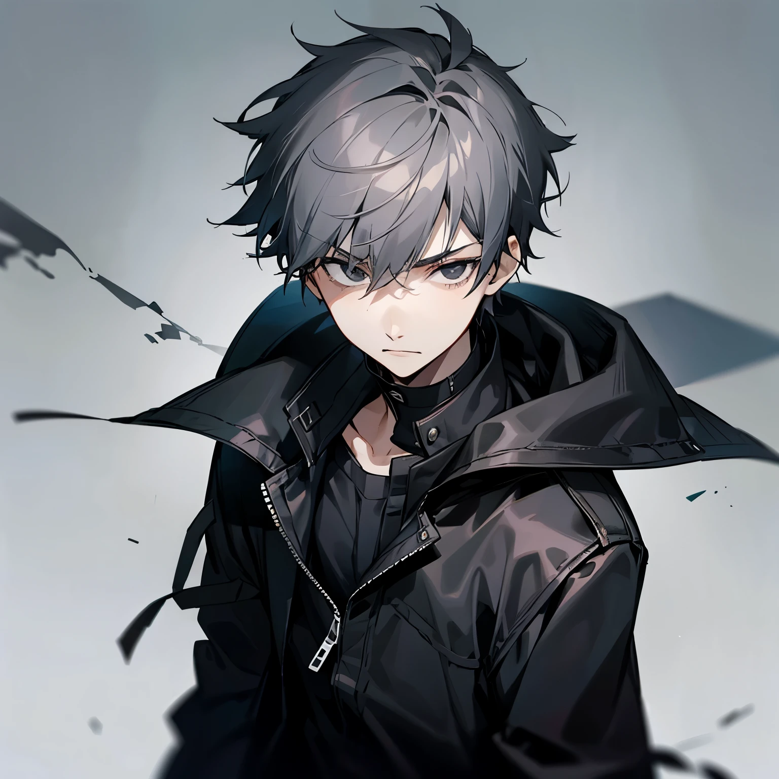 1 boy, 15 year old boy, grayish hair, dark black eyes, black long jacket, mad, short hair