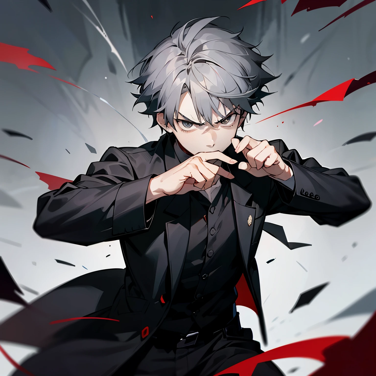 1 boy,  boy, grayish hair, dark black eyes, black long jacket, mad, short hair, mad, angry, fighting pose