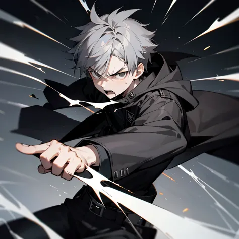 1 boy, 15 year old boy, grayish hair, dark black eyes, black long jacket, mad, short hair, mad, angry, fighting pose