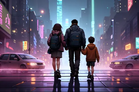 Father, mother, and son are walking in the street, of cybercity.