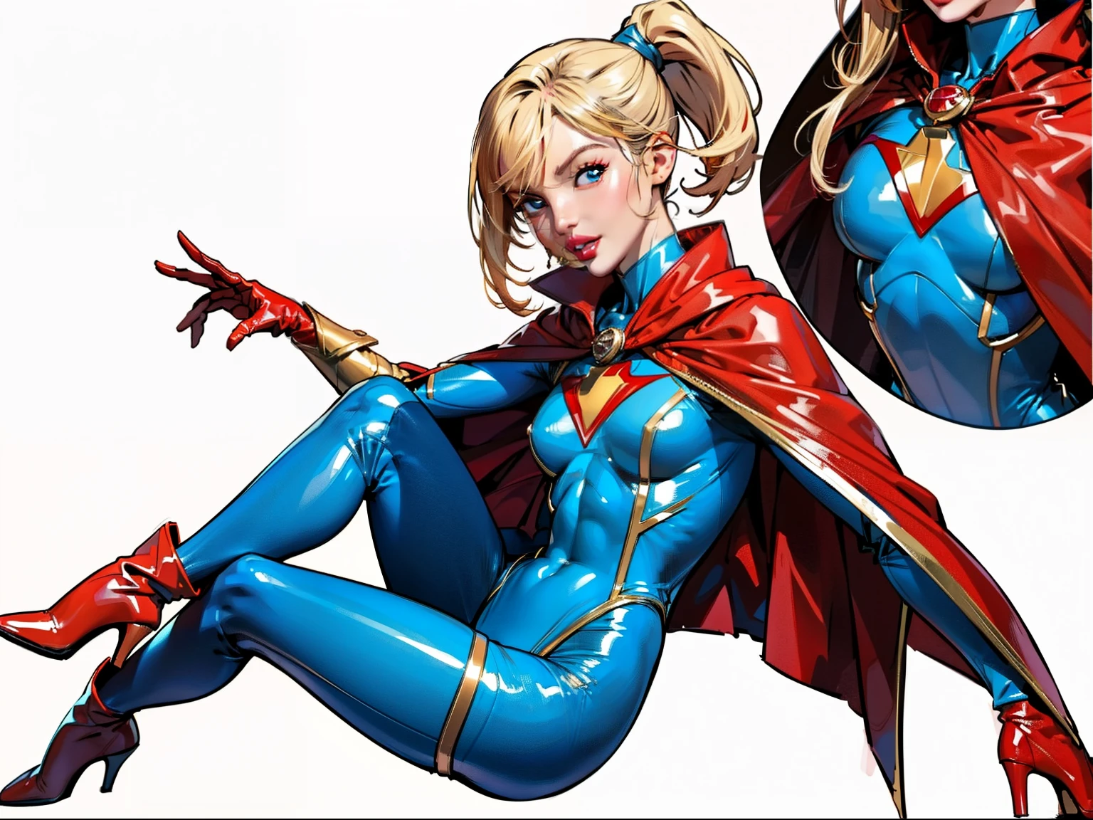 ((masterpiece)),(((best quality))),((character design sheet)), ((full body view)), (Asian face), illustration,1girl, muscular, ((blue bodysuit:1.5)), superhero, (blonde ponytail:1.4), (red cape:1.4) ((detailed face:1.4)) ((slendered abs:1.4)), red gloves, red boots, ((flat chest)), beautiful woman, (red thighhighs:1.3)shiny skin, (gold emblem on chest:1.2),scribbles and marks, (puffy lips:1.5), rough sketches, pose, 8k,16k, (simple background, white background: 1.3)