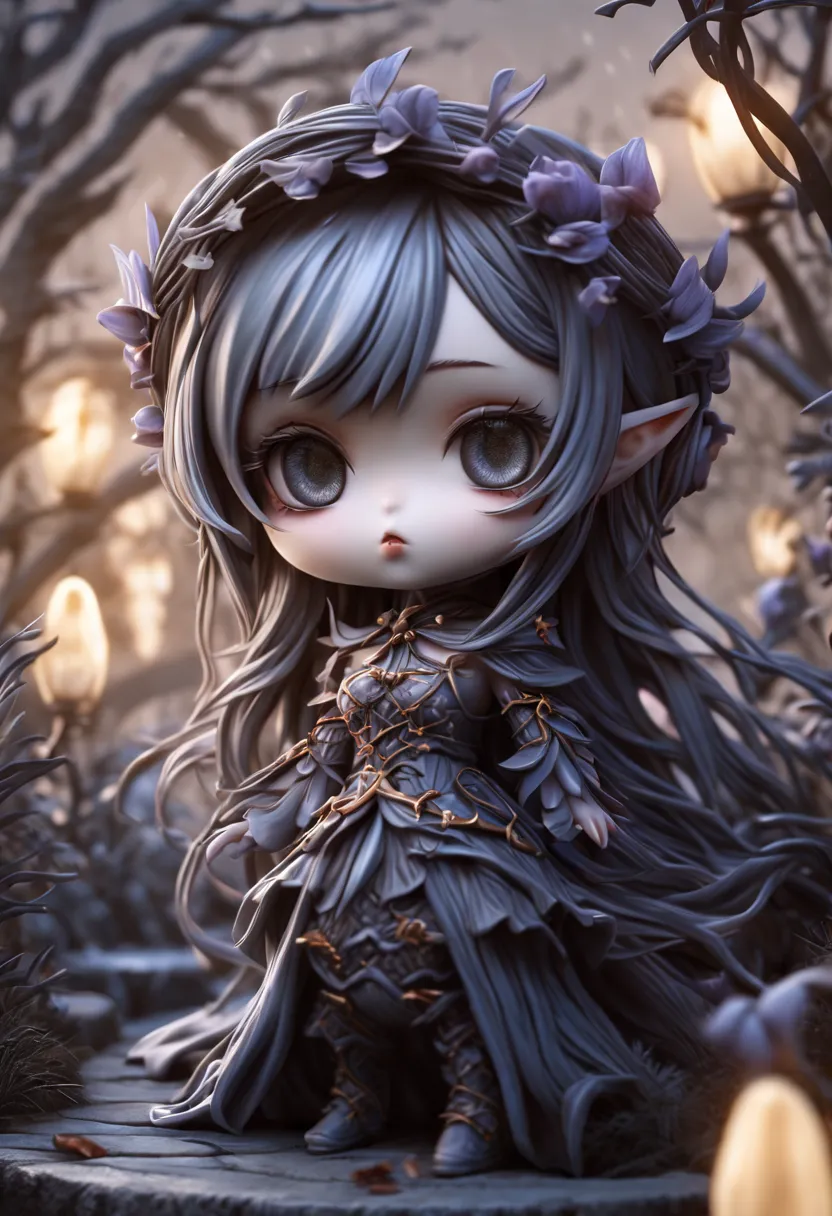 beautiful chibi vampire in dark garden, portrait, statue, marble, soft colors, glossy skin, dark, horror, anime style, very thin...