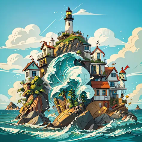 best quality,ultra-detailed,realistic,comic themed light house,artistic portrayal of a lighthouse with vibrant colors,comic book...