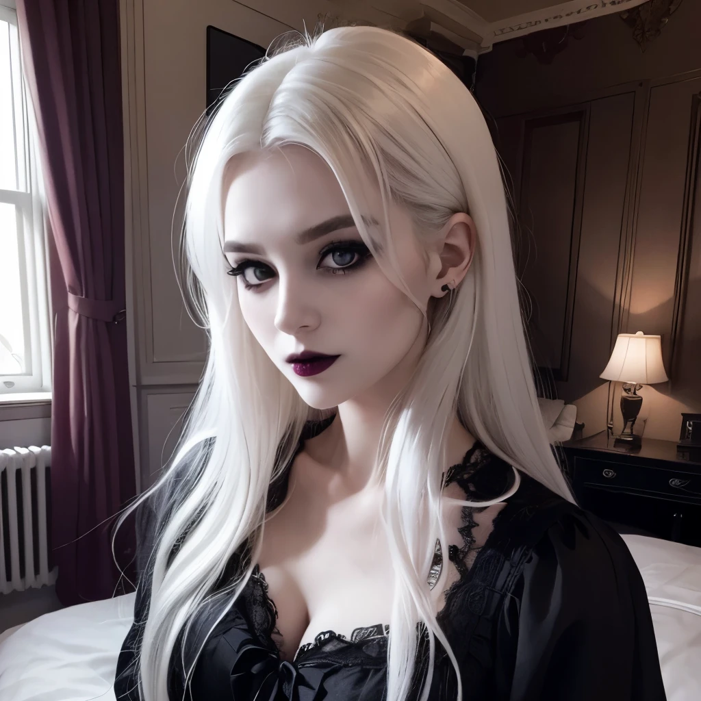 A close up of a woman with long white hair and black makeup - SeaArt AI