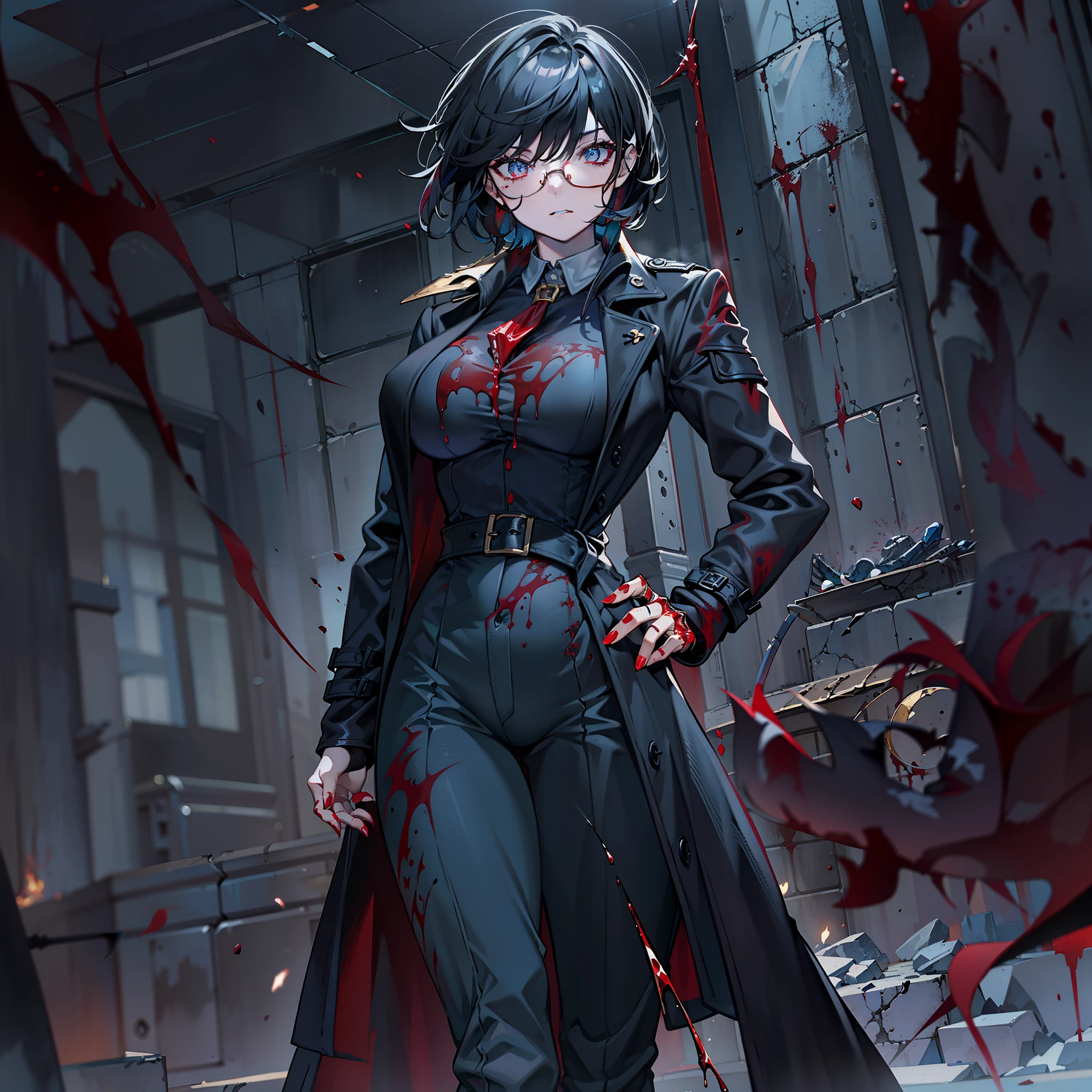 (High resolution, best quality, masterpiece) detail, intricate detail, realism, 1female, ((solo_focused)), single, one woman, physically fit, curvy, pale skin, vampire, fierce expression, dark eyes, (detailed eyes), red_rimmed eyes, sharpened fangs, closed_mouth, black hair, short hair, full body, medium breast, beautiful, mature, malevolent energy, (topwear:((shirt:black, trench_coat:black)), handwear:((gauntles) bottomwear:(pant:blue))), blood dripping, glasses, dark tinted glasses, smirking, menacing, blood spatter