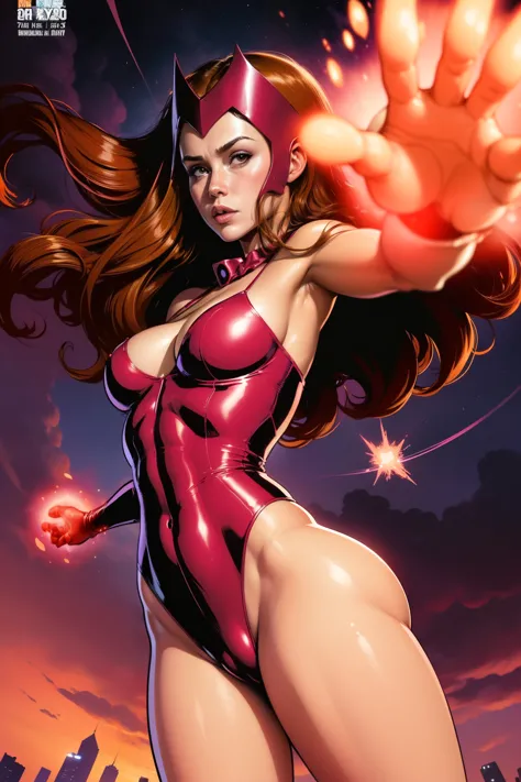 (((A comic style, cartoon art))). down view. Scarlet Witch is in an New York City, floating in the air, surrounded by dense forest. POWER IN EYES, She is wearing her signature red outfit and is floating in the air, with her arms outstretched to her sides. ...