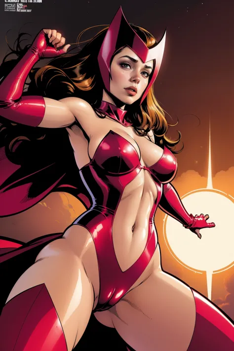 (((A comic style, cartoon art))). view from below. Scarlet Witch is in an New York City, floating in the air, surrounded by dense forest. POWER IN EYES, She is wearing her signature red outfit and is floating in the air, with her arms outstretched to her s...