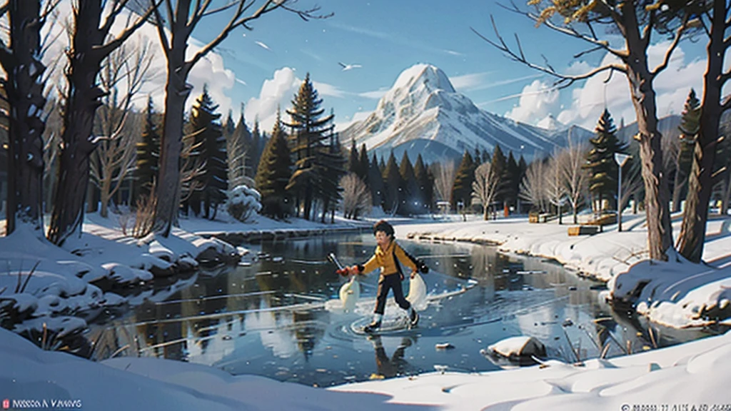 凍った湖でアイススケートをする1人1匹. 木, 飛ぶ鳥の背景, カラフルで明るい日. 映画のポスター, カラフルなマンガアニメスタイル