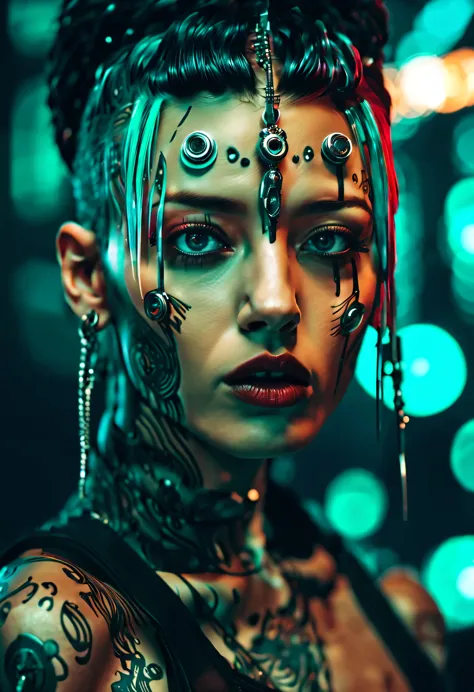 a woman with a piercing on her face , cyberpunk style