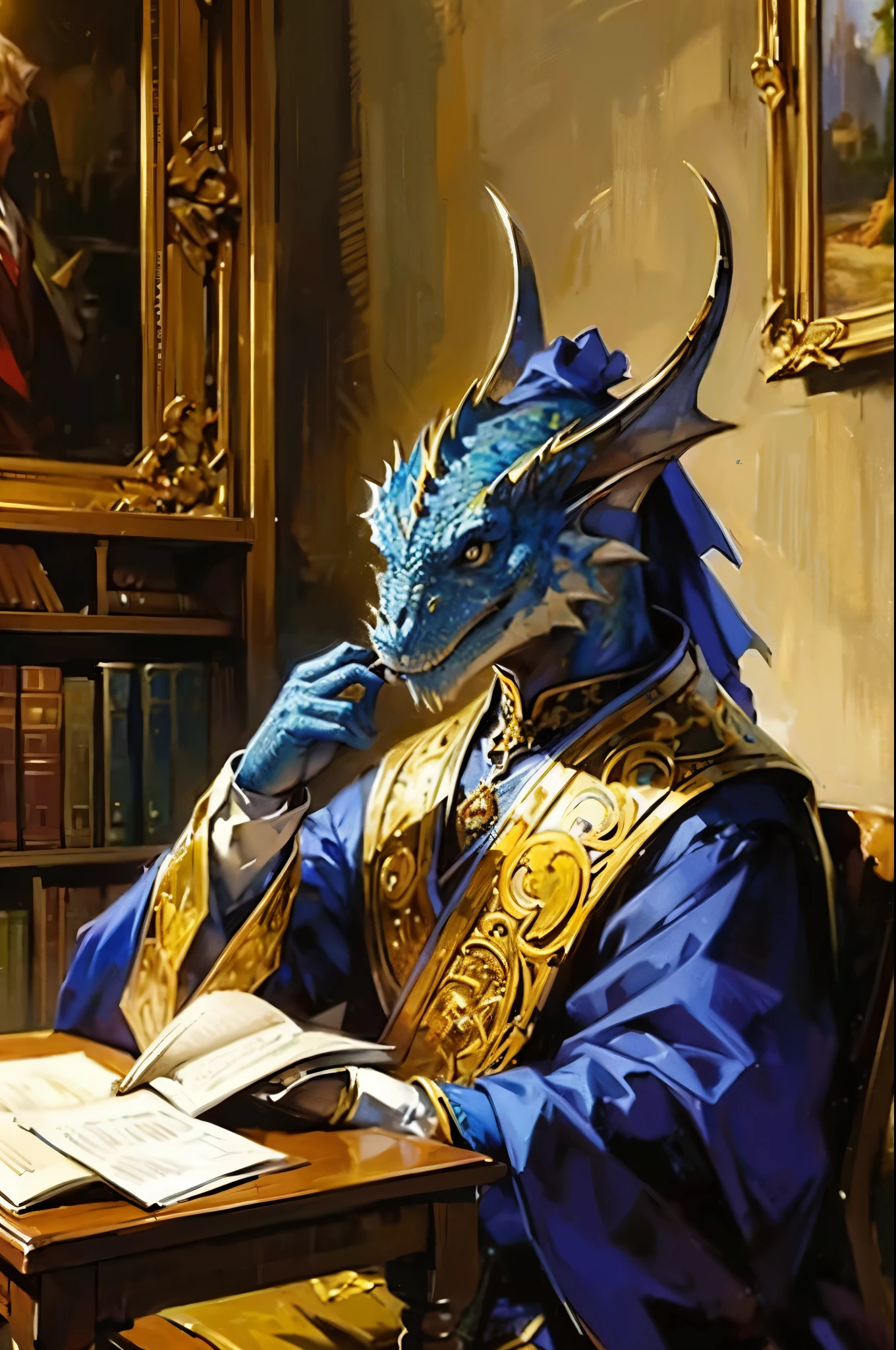 картина маслом,импрессионизм, [синий] драконорожденный, в библиотеке, в мантиях, полутень