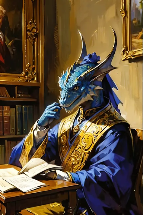 oil painting,Impressionism, [azul] Dragonborn, Em uma biblioteca, em vestes, penumbra