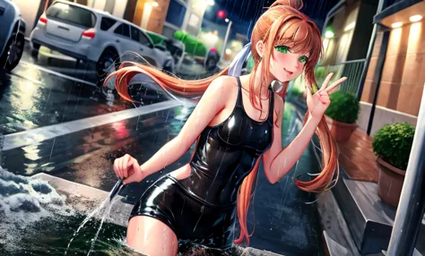 SoakingWetClothes, Masterpiece, highest quality, monika, green eyes, brown hair, very long hair, ponytail, hair ribbon, casual c...