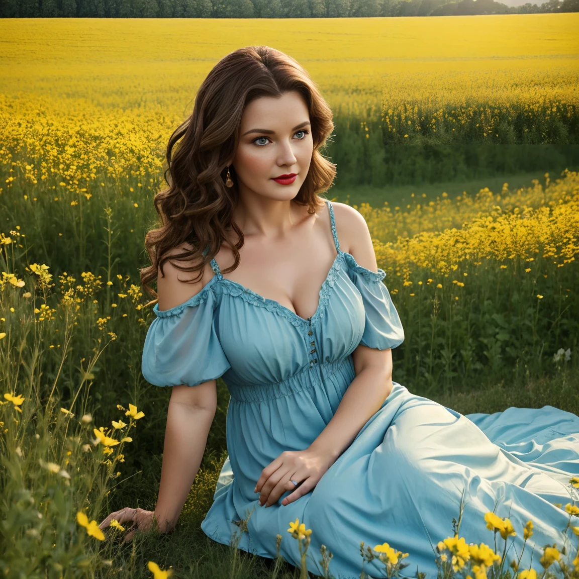 아름다운 여성 40세 물결 모양의 갈색 머리 풍만한 몸매 파란 눈 빨간 입술 꽃 초원에 농부 드레스 