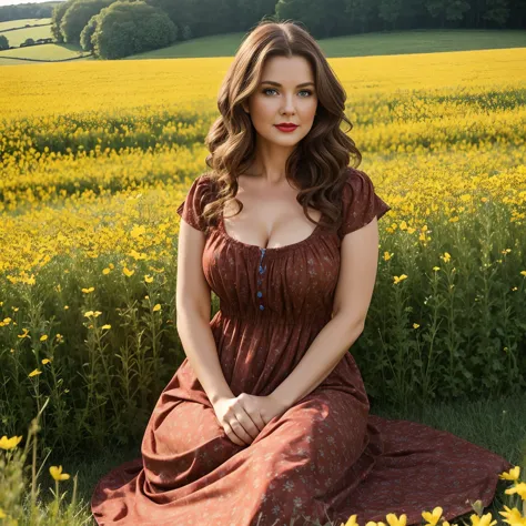 Beautiful woman 40 years old wavy brown hair voluptuous body blue eyes red lips peasant dress in flower meadow 