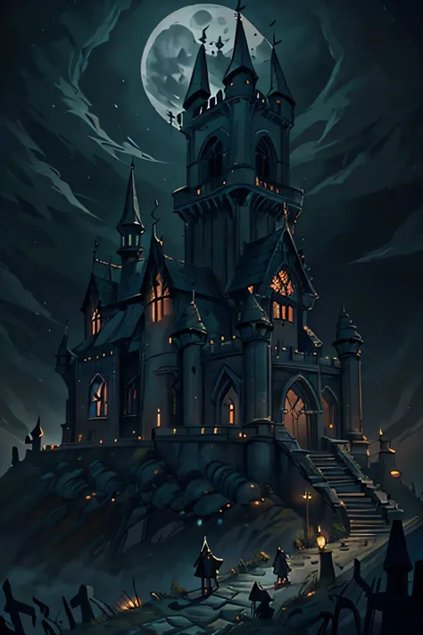 generate an image featuring a gothic-inspired citadel surrounded by ominous landscapes, illuminated by moonlight. incorporate in...