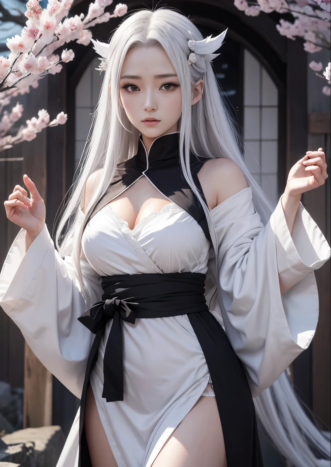 personaje d&#39;anime con cabello largo y un vestido blanco y una estrella, Amaterasu, inspiré par Chen Jiru, Divinité aux cheveux blancs, de Naruto, la mirada penetrante de Yuki Onna, sakura haruno en modo babosa sabia, Vestidos blancos fluidos, diosa japonesa del rayo, Llevar vestidos fluidos, la diosa Hera al&#39;air en colère, itachi uchiha