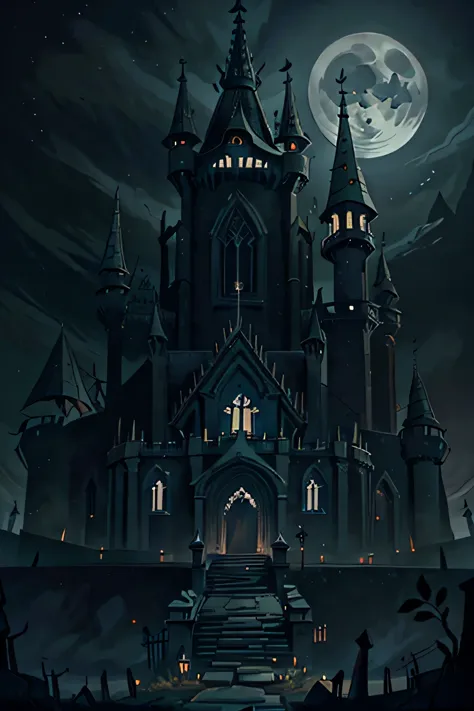 generate an image featuring a gothic-inspired citadel surrounded by ominous landscapes, illuminated by moonlight. incorporate in...