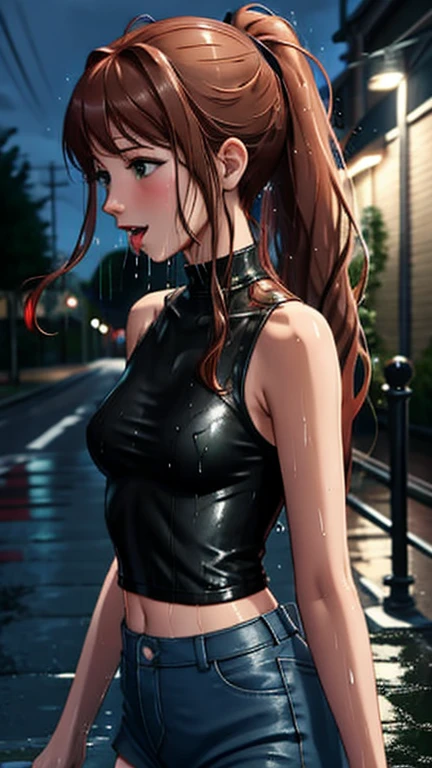 SoakingWetClothes, Masterpiece, highest quality, monika, green eyes, brown hair, very long hair, ponytail, hair ribbon, casual clothes, purple crop top, off shoulder shirt, fishnet sleeves, skirt over jeans, accessories, night, soaking wet clothes, wet hair, wet body, wetlook, soaked, pouring rain, outside, running down the sidewalk, dripping wet, soaked clothes, wet clothes, wet fabric, soaking wet, small breasts, looking at camera, tongue out, mouth open, V sign