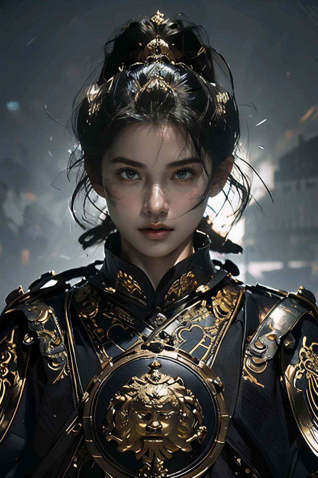 Game art，The best picture quality，Highest resolution，8K，(A bust photograph)，(Portrait)，(Head close-up)，(Rule of thirds)，Unreal Engine 5 rendering works， (The Girl of the Future)，(Female Warrior)， 
15岁少女，(The generals of ancient China)，An eye rich in detail，(Big breasts)，优雅高贵，冷漠，勇敢的，
(Wearing ancient Chinese style armor，Armor of the Tang Dynasty，Costumes are rich in detail，Metallic luster，Silver gray)，中国人物，奇幻风格，
拍照姿势，野外背景，Movie lights，Ray tracing，Game CG，((3D Unreal Engine))，oc渲染反射纹