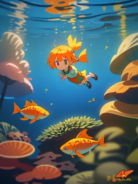 submarina, conchas  plateadas，chica con pelo corto y naranja，misty, burbujas de colores，una planta，Bright small fish，espumoso，oc...