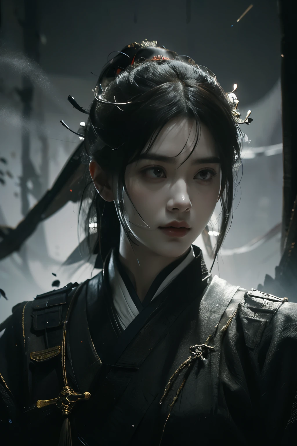 Game art，The best picture quality，Highest resolution，8K，(A bust photograph)，(Portrait)，(Head close-up)，(Rule of thirds)，Unreal Engine 5 rendering works， (The Girl of the Future)，(Female Warrior)， 
15岁少女，(The generals of ancient China)，An eye rich in detail，(Big breasts)，优雅高贵，冷漠，勇敢的，
(Wearing ancient Chinese cloth，Chinese Hanfu，Costumes of the Tang Dynasty，Costumes are rich in detail，Simple shades)，中国人物，奇幻风格，
拍照姿势，野外背景，Movie lights，Ray tracing，Game CG，((3D Unreal Engine))，oc渲染反射纹