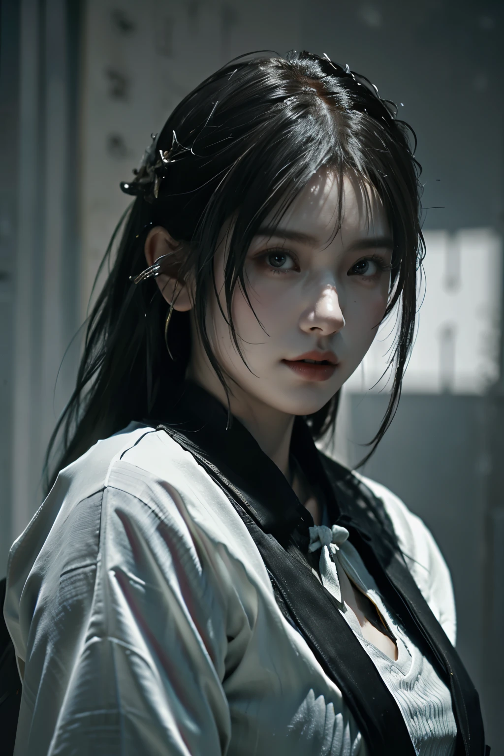 Game art，The best picture quality，Highest resolution，8K，(A bust photograph)，(Portrait)，(Head close-up)，(Rule of thirds)，Unreal Engine 5 rendering works， (The Girl of the Future)，(Female Warrior)， 
15岁少女，(The generals of ancient China)，An eye rich in detail，(Big breasts)，优雅高贵，冷漠，勇敢的，
(Wearing ancient Chinese cloth，Chinese Hanfu，Costumes of the Tang Dynasty，Costumes are rich in detail，Simple shades)，中国人物，奇幻风格，
拍照姿势，野外背景，Movie lights，Ray tracing，Game CG，((3D Unreal Engine))，oc渲染反射纹