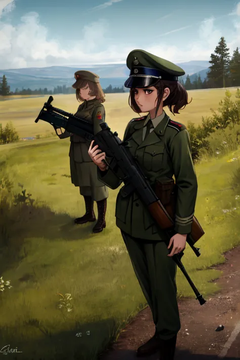 girls in wwii military uniform, using rifles, on the battlefield