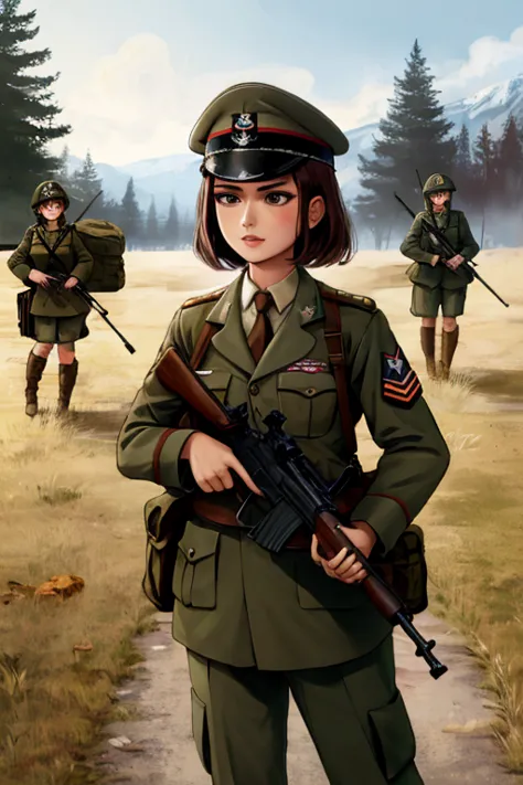 girls in WWII military uniform, using rifles, on the battlefield