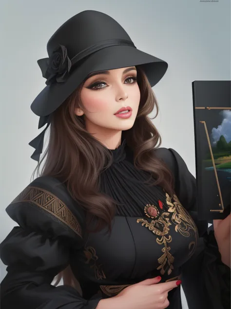 there is a woman with a hat and a black dress, no estilo da pintura digital, arte digital of an elegant, in digital illustration...