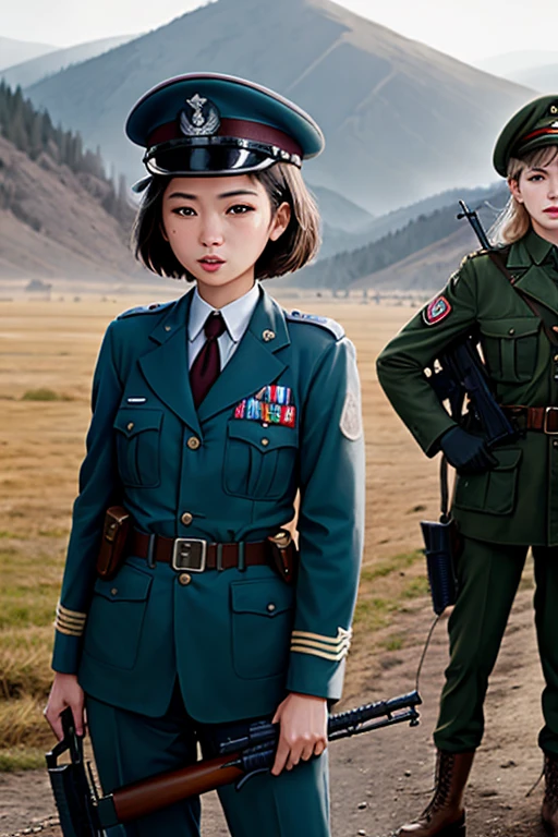 girls in WWII military uniform, using rifles, on the battlefield