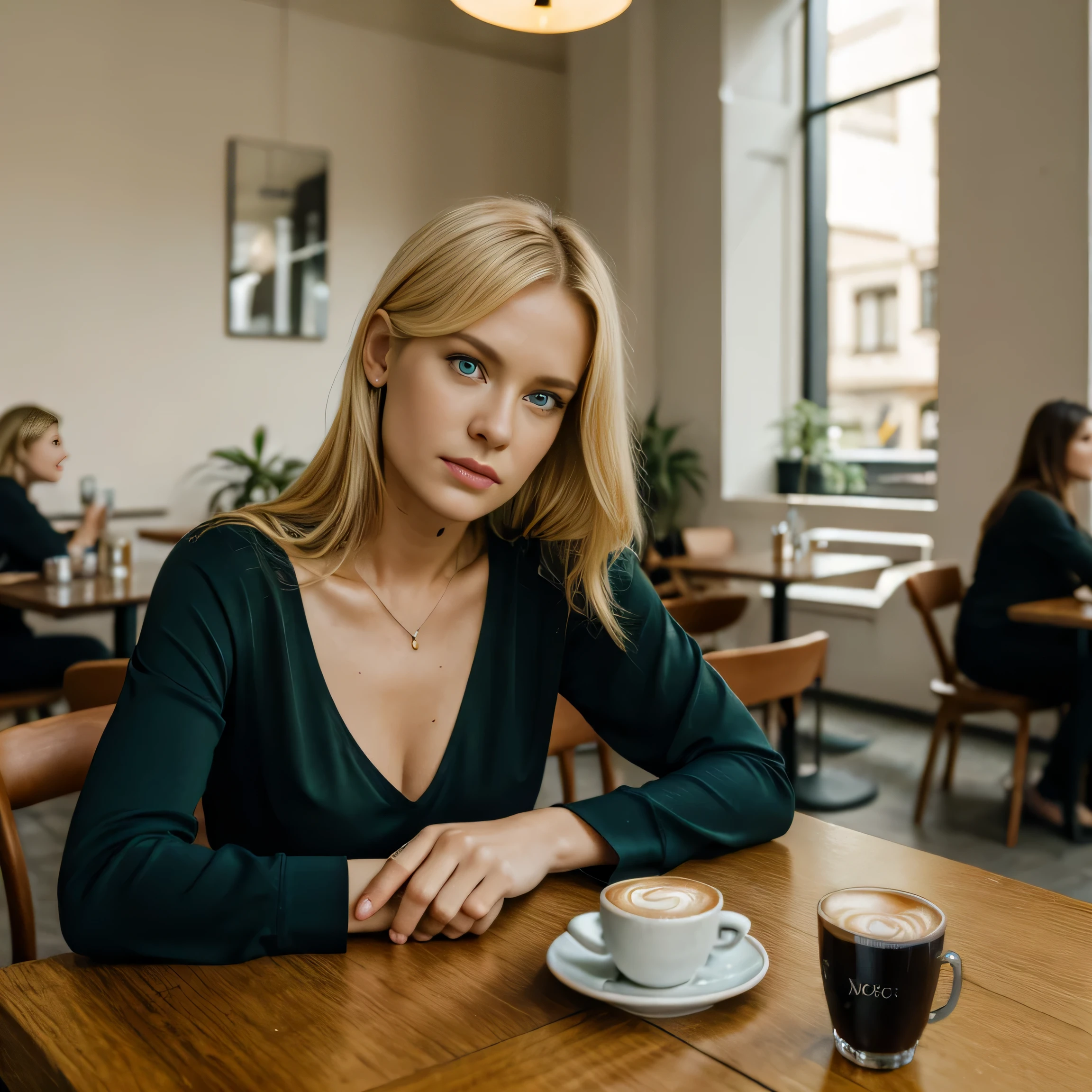 Loiro claro realista, linda camiseta preta com decote em V para mulheres sexy, Olhos azul esverdeados, Retrato fotográfico, Sentado à mesa de um café e bebendo um latte macchiato