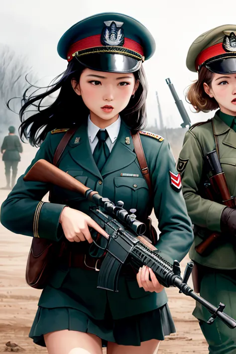 girls in WWII military uniform, using rifles, on the battlefield