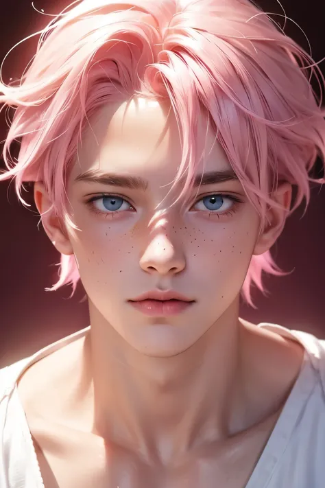 boy with light pink hair and bright pink eyes, he has freckles on his face and a delicate face, best quality masterpiece, 16k