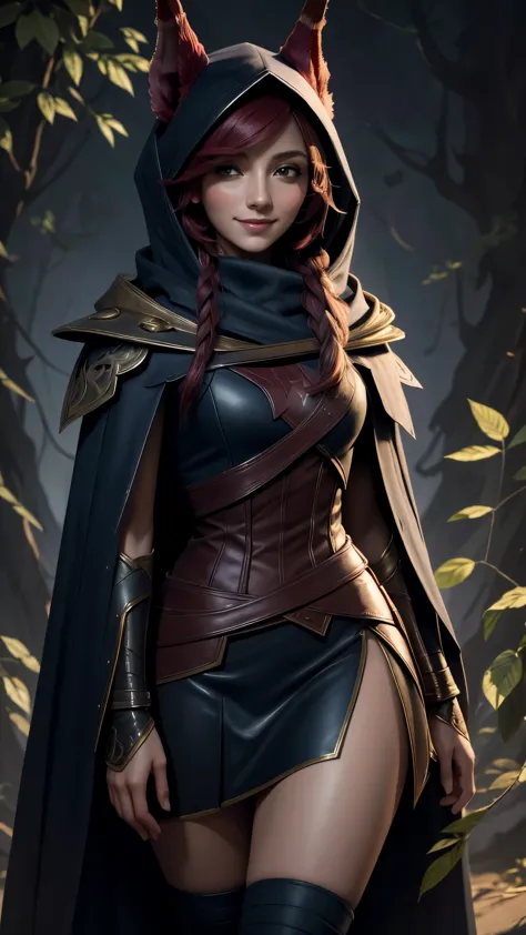 a girl with a smile is standing alone in a hood, portraying the character "xayah". the artwork is an absolute masterpiece, exhib...