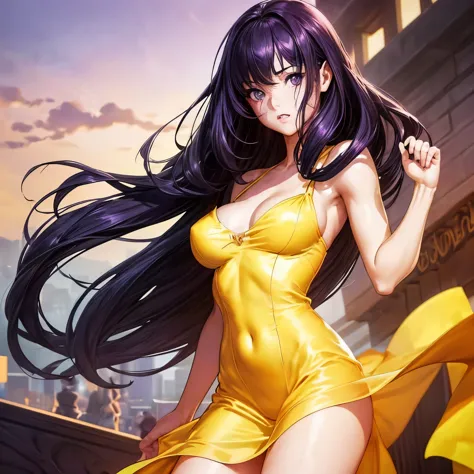 (masterpiece),(best quality), hair over right eye, looking at the viewer, thin body, dynamic poses, (medium breasts: 1.3), young girl, 8k,(bright sunny day:1.5), (seductive body details:1.3), long dark purple hair, purple eyes, seductive light smile, shy, ...