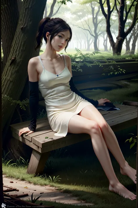 (artwork, best quality:1.3) EllieTLOU, 1 girl, brown hair, Long hair, ponytail, sitting, abandoned in a forest, Green Plants, so...