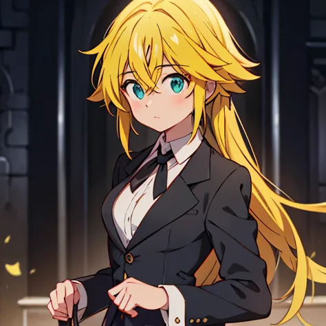 Meliodas in female version with medium breasts wore a black tie, black blazer and a long white shirt 